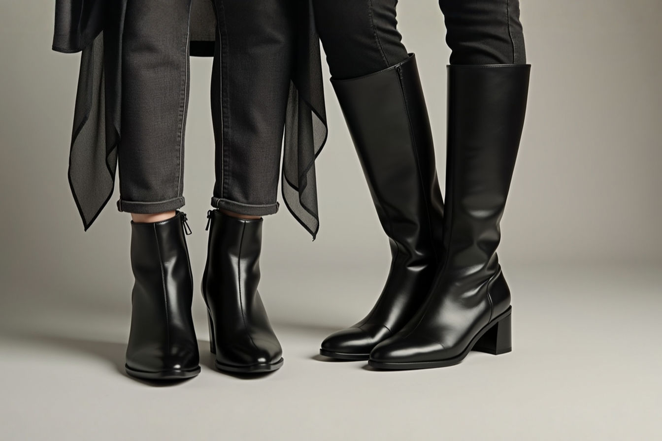A professional studio photograph featuring a pair of elegant black knee-high boots with a moderate block heel (2.5 inches) positioned next to a carefully styled outfit consisting of a tailored blazer, silk scarf, and dark jeans. The image is shot from above on a light neutral background with soft, natural lighting that highlights the texture and quality of the leather boots.