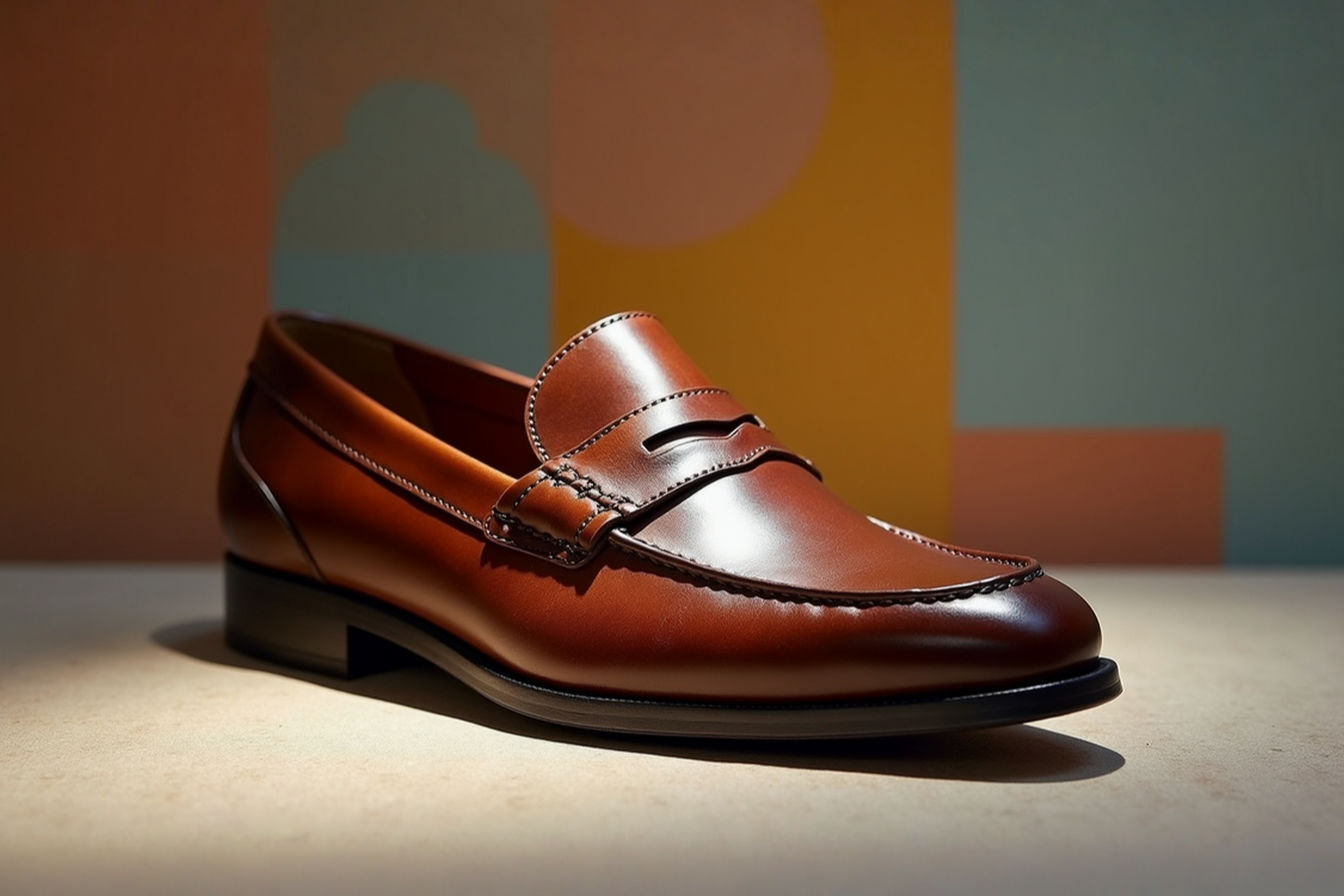 A top-down, professionally lit product photograph of a premium loafer moccasin hybrid shoe in rich brown leather, showcasing the distinctive U-shaped moccasin toe stitching alongside more structured loafer elements. The shoe is positioned on a neutral, textured background with soft, natural lighting highlighting the quality leather texture and craftsmanship details.