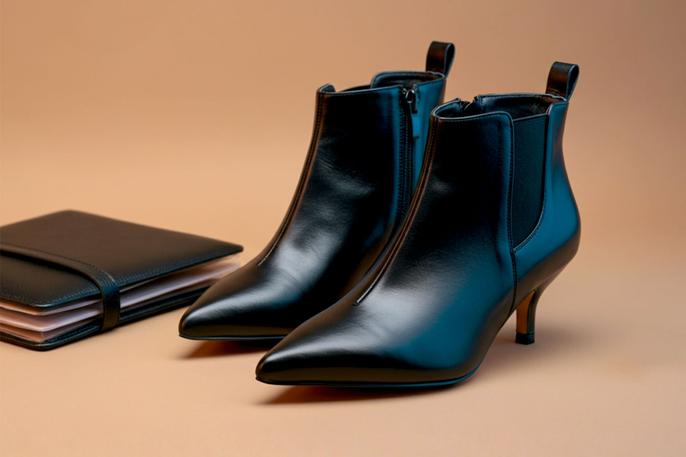 A professional-quality close-up photograph of elegant black leather kitten heel ankle boots with a pointed toe and 1.5-inch heel, positioned next to a leather portfolio and minimalist gold watch on a neutral beige background, embodying sophisticated professional style.