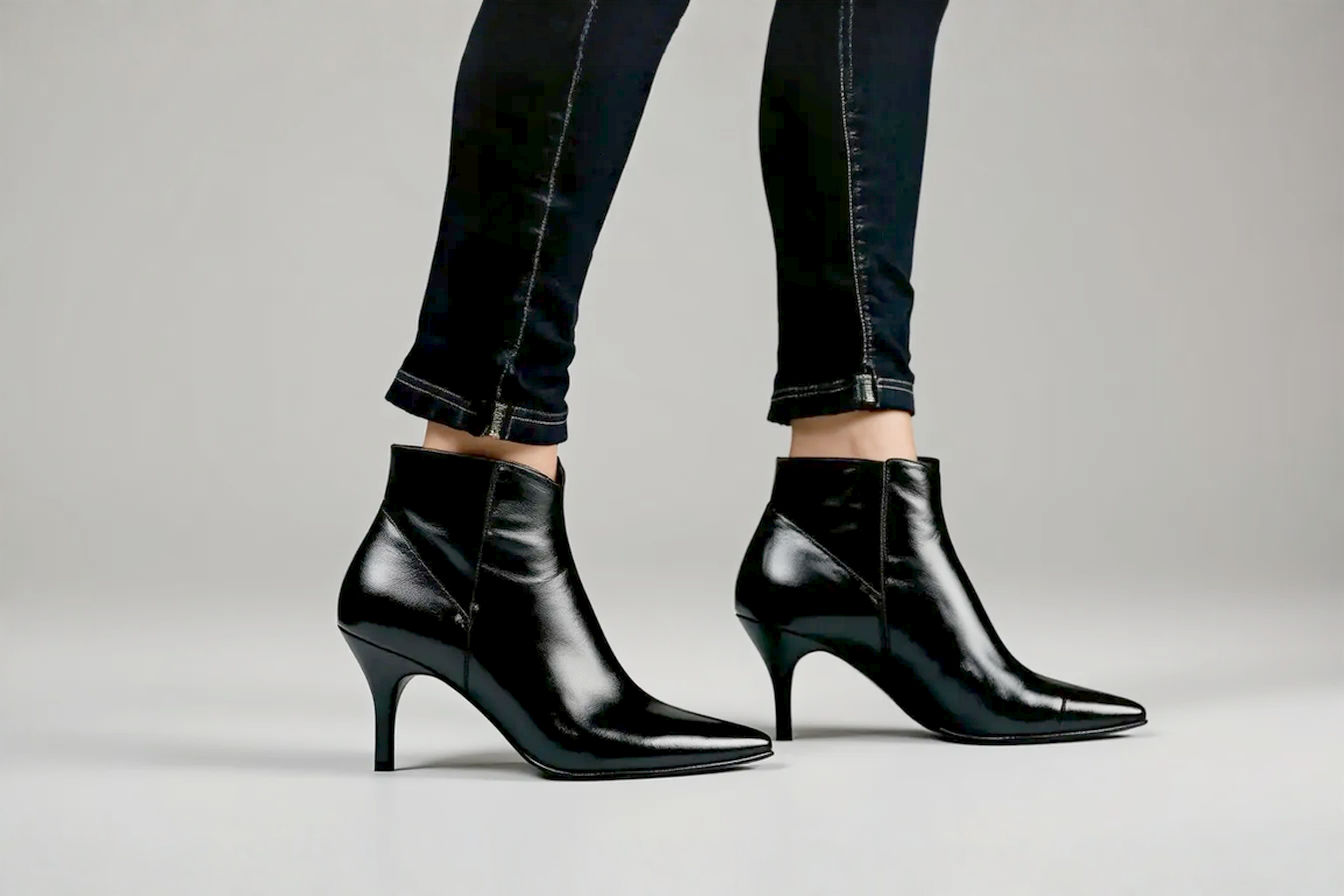 A professional studio photograph featuring a model with shorter legs wearing black leather kitten heel ankle boots with a V-cut vamp and pointed toe. The boots are shown from the side angle to highlight the elegant, leg-lengthening silhouette they create. The model pairs them with fitted dark jeans that match the boots in color, creating a continuous vertical line that exemplifies the elongating effect described throughout the article.