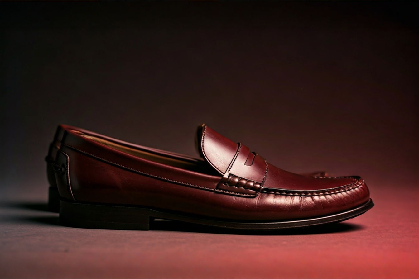 A close-up, professional photograph of a pair of classic, dark brown leather penny loafers on a neutral background, highlighting the quality of the leather and stitching. The image should convey timelessness and durability.