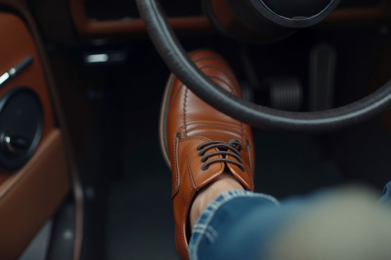 A high-angle, close-up professional photograph focusing on the foot of a person wearing a classic pair of brown leather driving shoes, resting naturally on the accelerator pedal of a car. The textured rubber sole pebbles are clearly visible on the pedal surface. The car interior is subtly blurred in the background, emphasizing the shoe and pedal connection. Lighting is natural and highlights the texture of the leather.