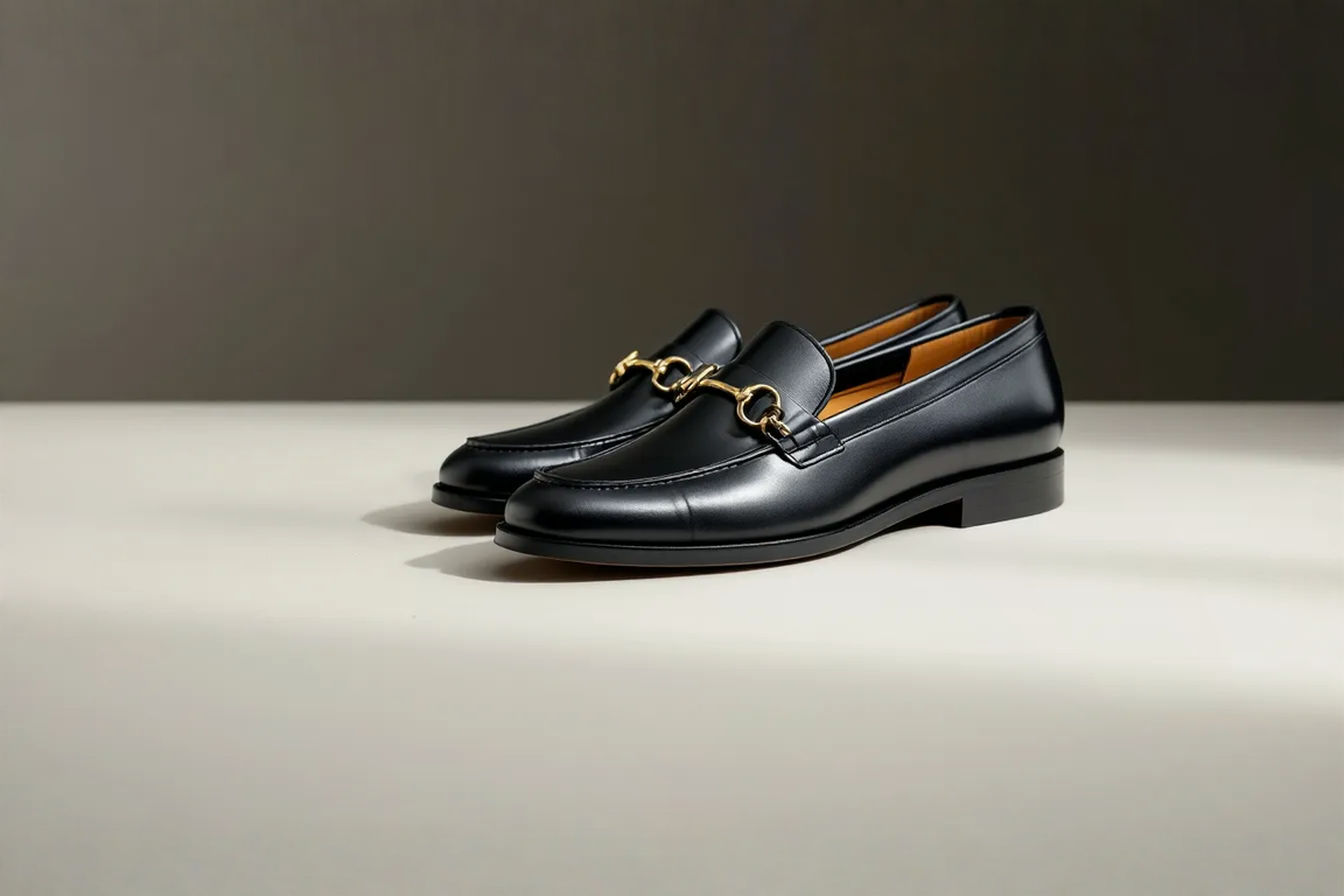 A high-quality studio photograph featuring a pair of elegant black leather bit loafers. The shoes are presented on a clean, neutral surface, perhaps a light wood or concrete texture, with soft, professional lighting highlighting the leather's texture and the bit detail. The image should convey sophistication and versatility.