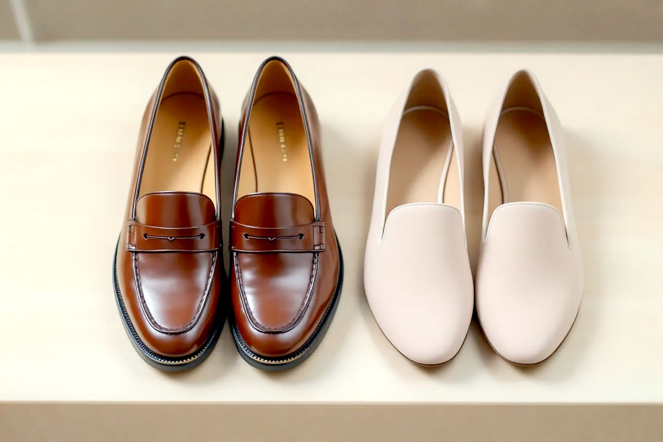 A professional photo featuring a pair of stylish yet classic women's leather loafers placed next to a pair of thin, less structured ballet flats. The loafers should appear more substantial and well-made, while the flats look flatter and less supportive. The background could be a simple office-appropriate surface like a wooden desk or neutral carpet.