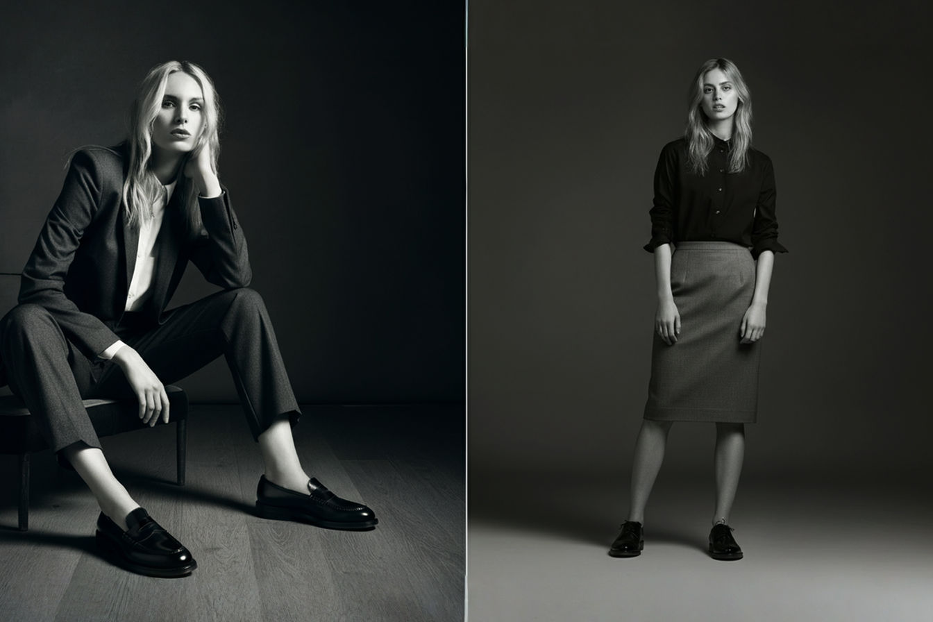 Professional photography style image showing a split view. On the left, a woman wearing black penny loafers with cropped tailored trousers and a casual blazer. On the right, a woman wearing black Oxfords with a pencil skirt and a fitted blouse. Both images are well-lit, focusing on the shoes and the overall outfit context.