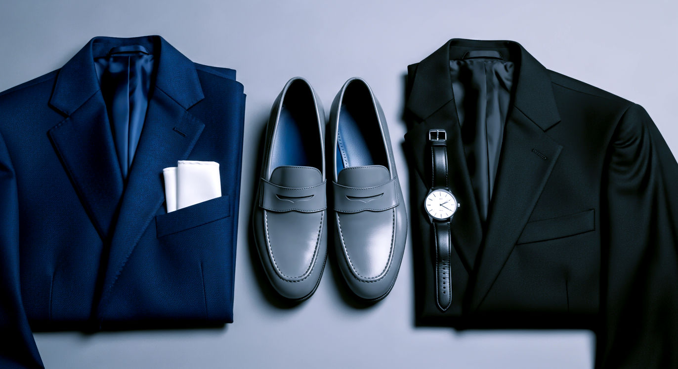 A sophisticated flat-lay composition featuring a pair of sleek medium grey penny loafers positioned between neatly folded navy and black suit jackets. The polished leather loafers reflect soft studio lighting, highlighting their refined texture against the contrasting suit fabrics. A white pocket square and minimalist silver watch add complementary accents to this elegant menswear arrangement.