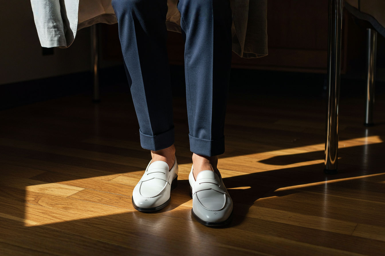 Professional photography of a well-dressed businessman wearing crisp white penny loafers with dark navy chinos and a light gray unstructured blazer. The image should be shot from a low angle that highlights the striking contrast between the white loafers and the darker pants, with soft natural lighting that emphasizes the texture of the leather. The setting should be a modern office environment with minimal, contemporary design elements that suggest a creative professional workspace.