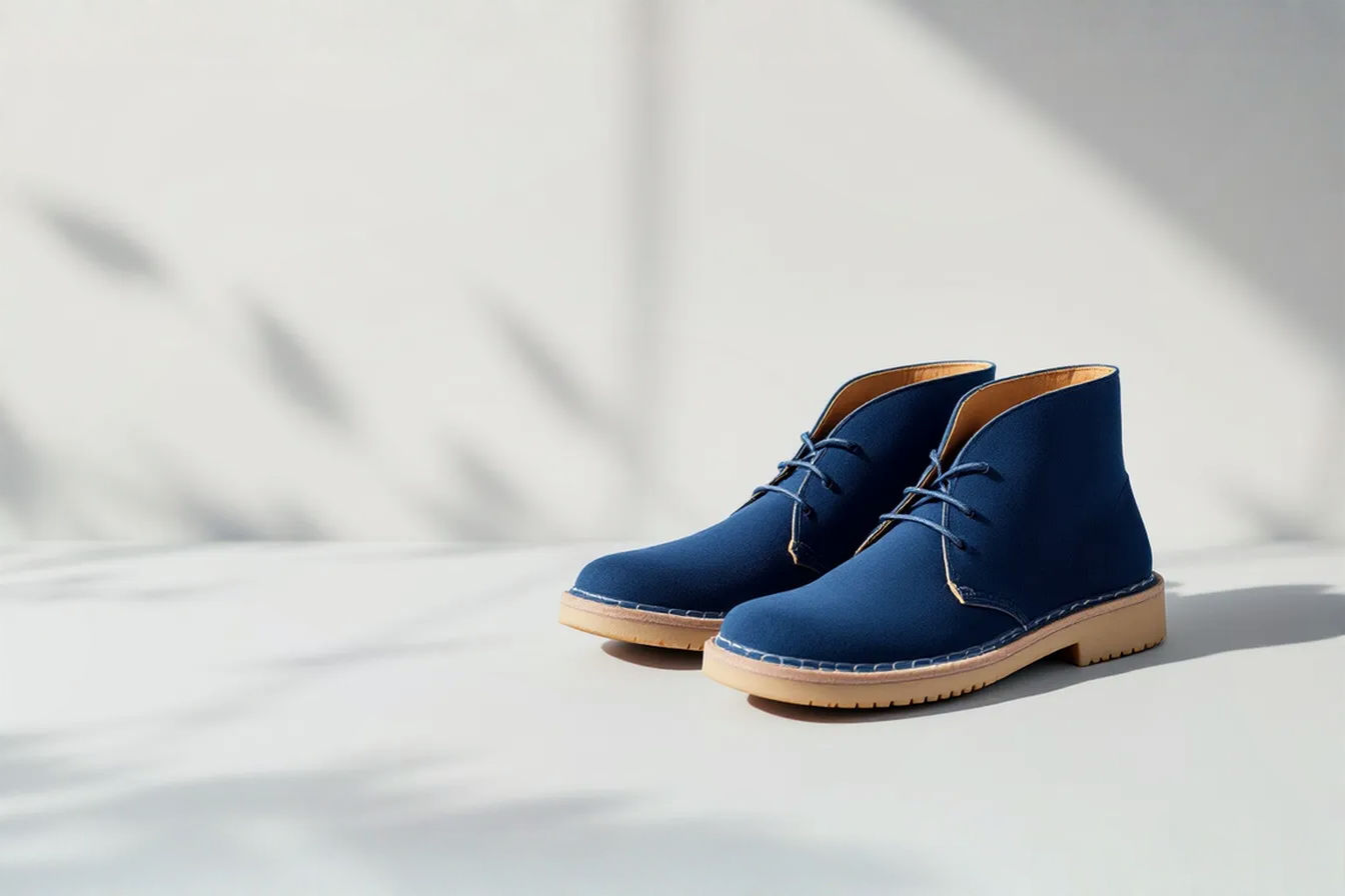 A professional product photography shot featuring a pair of premium navy suede desert boots positioned at a 45-degree angle on a light gray surface with soft shadowing. The boots should appear slightly worn-in but well-maintained, highlighting their rich deep navy color against the neutral background, with detailed stitching and classic crepe sole visible.