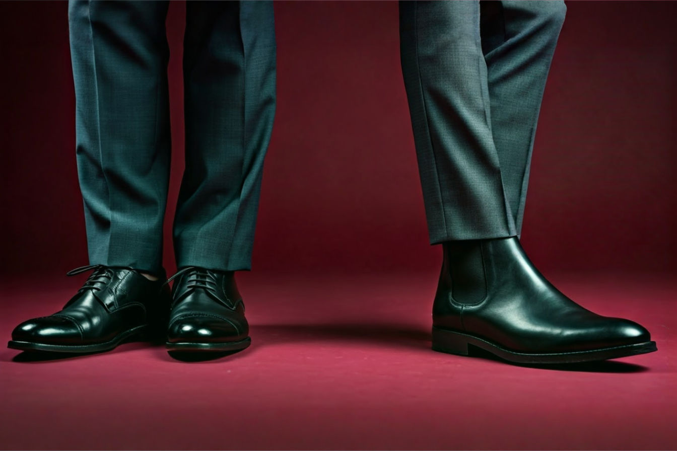 A high-quality, professional photograph showing two pairs of men's feet standing side-by-side. One foot is wearing a black, highly polished Oxford shoe with a dark suit trouser leg falling cleanly over it. The other foot is wearing a black leather Chelsea boot with a slightly less formal suit trouser leg positioned just above the boot shaft. The background is a neutral, elegant indoor setting. The image clearly contrasts the traditional formal shoe with the ankle boot profile in the context of a suit.