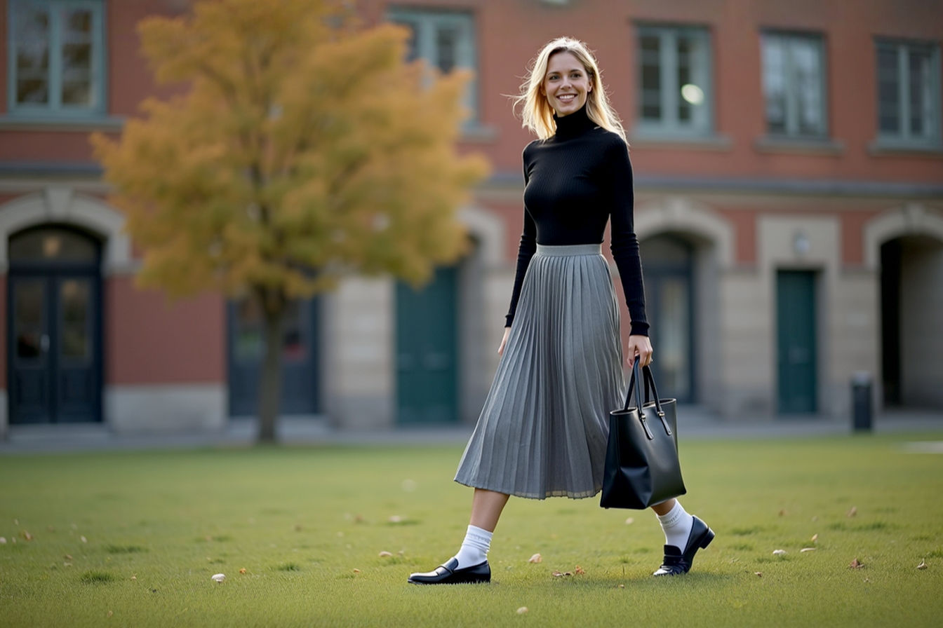Professional street style photograph featuring a woman walking confidently. She is wearing a grey pleated midi skirt, a black fitted turtleneck sweater, and the focus is on her classic black polished leather penny loafers with visible white ankle socks. She carries a structured black leather tote bag and is looking slightly off-camera with a relaxed smile. The background is a slightly blurred urban street scene with warm natural light.