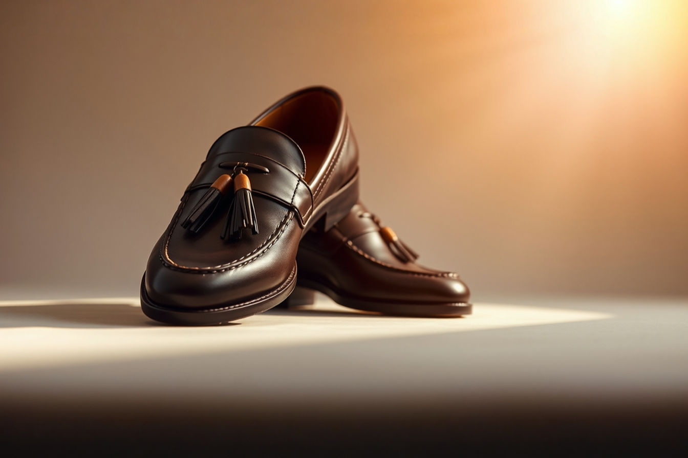 Professional, well-lit studio photograph showing a pair of dark brown leather men's penny loafers with prominent tassels. The shoes are placed on a neutral background, highlighting the details of the saddle strap, the tassels, and the leather texture. The image is sharp and focuses on the craftsmanship and design of the shoes.