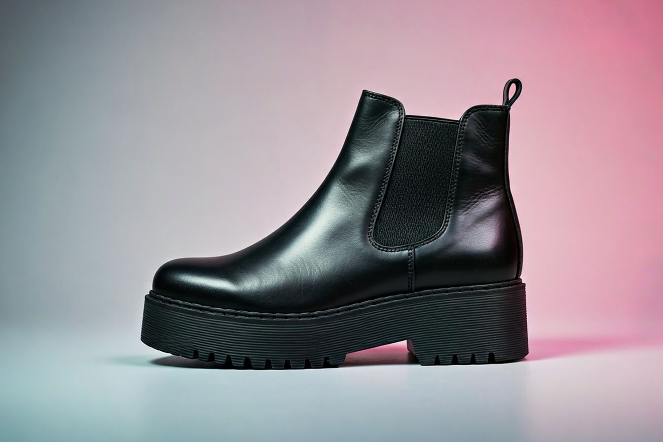 Professional studio photography of a pair of black leather platform Chelsea boots on a neutral background. The image focuses on the boot's profile, clearly showing the platform sole integrated smoothly with the upper, highlighting the preserved classic silhouette. The leather has a subtle sheen, and the elastic gore is visible but not overly prominent.