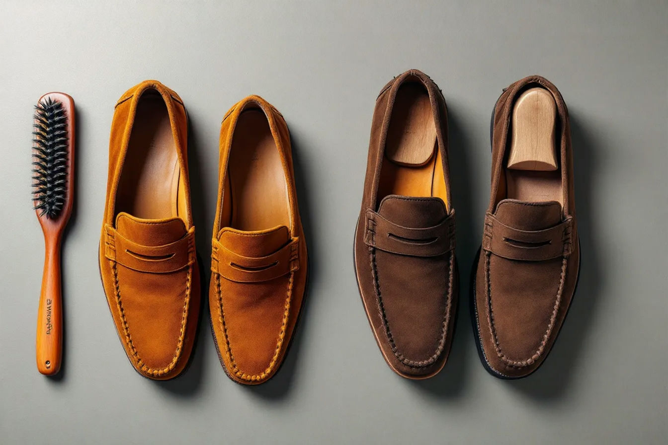 A professional overhead photograph of a pair of rich brown suede penny loafers. One loafer appears pristine with a vibrant, even nap, while the other shows typical signs of aging - matted areas, water stains, and a worn penny slot. A suede brush, protector spray, and cedar shoe tree are arranged beside them against a neutral gray background with soft, directional lighting highlighting the textural differences between the well-maintained and neglected shoes.