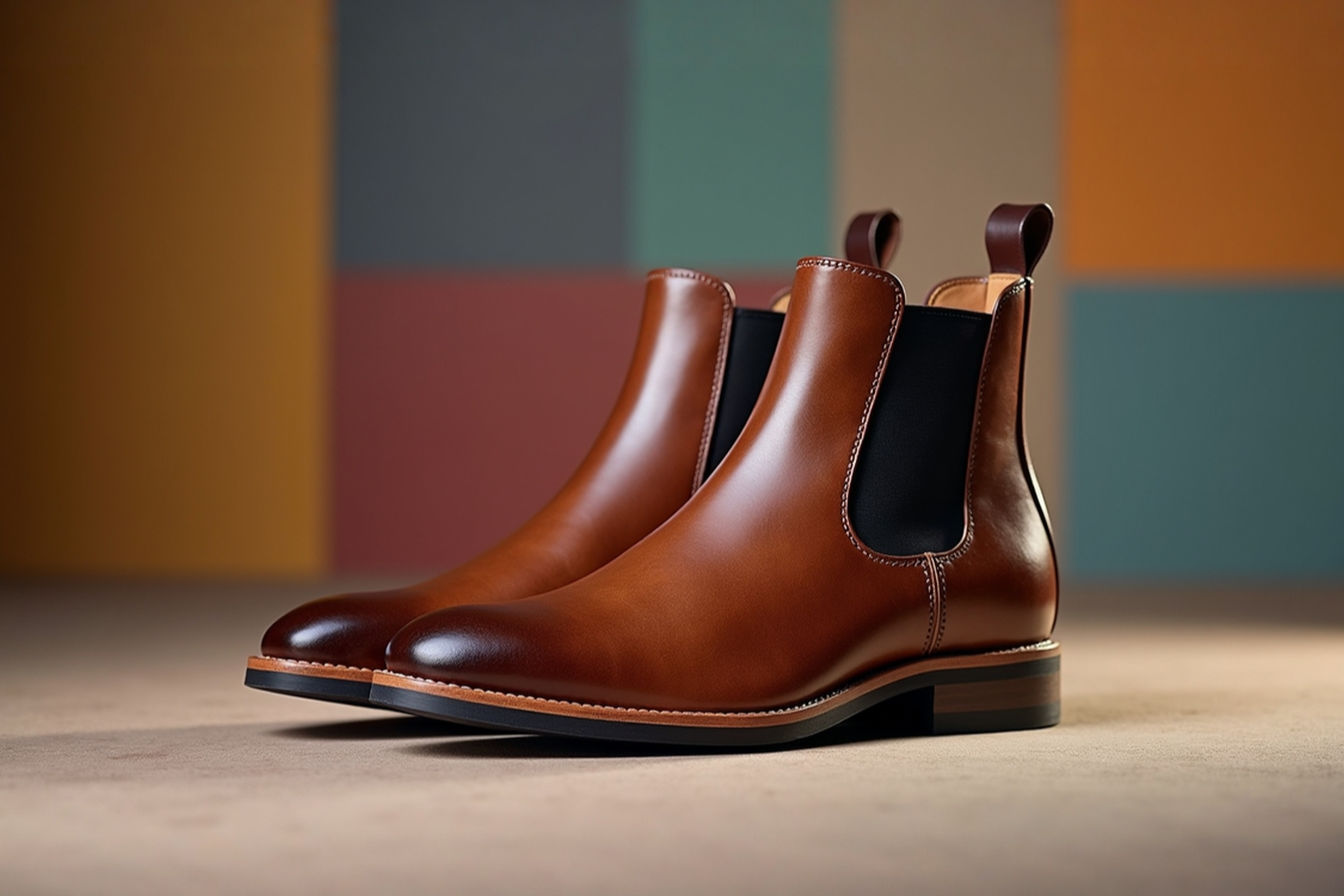 A close-up professional photograph of premium ladies' leather Chelsea boots displaying rich full-grain leather texture, precise stitching, and quality sole construction on a neutral background with soft lighting highlighting the craftsmanship details.