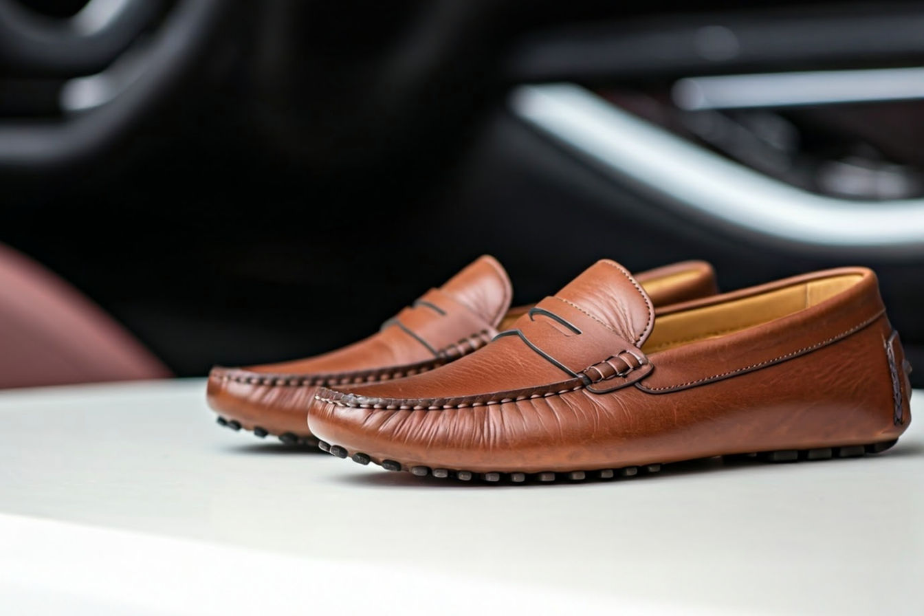 A pair of high-quality brown leather men's driving shoes with a classic pebbled rubber sole, shown from a three-quarter angle on a clean surface, possibly with a car interior subtly blurred in the background, using professional photography with natural lighting to highlight the leather texture and stitching details.