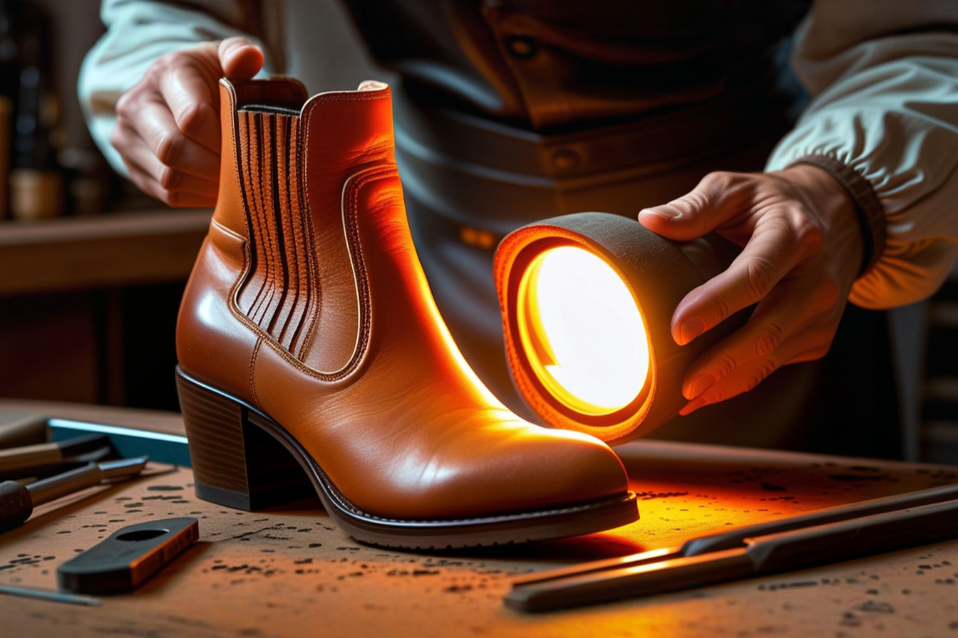 Close-up professional photograph of a high-quality women's leather ankle boot being held by a craftsperson next to resoling tools.