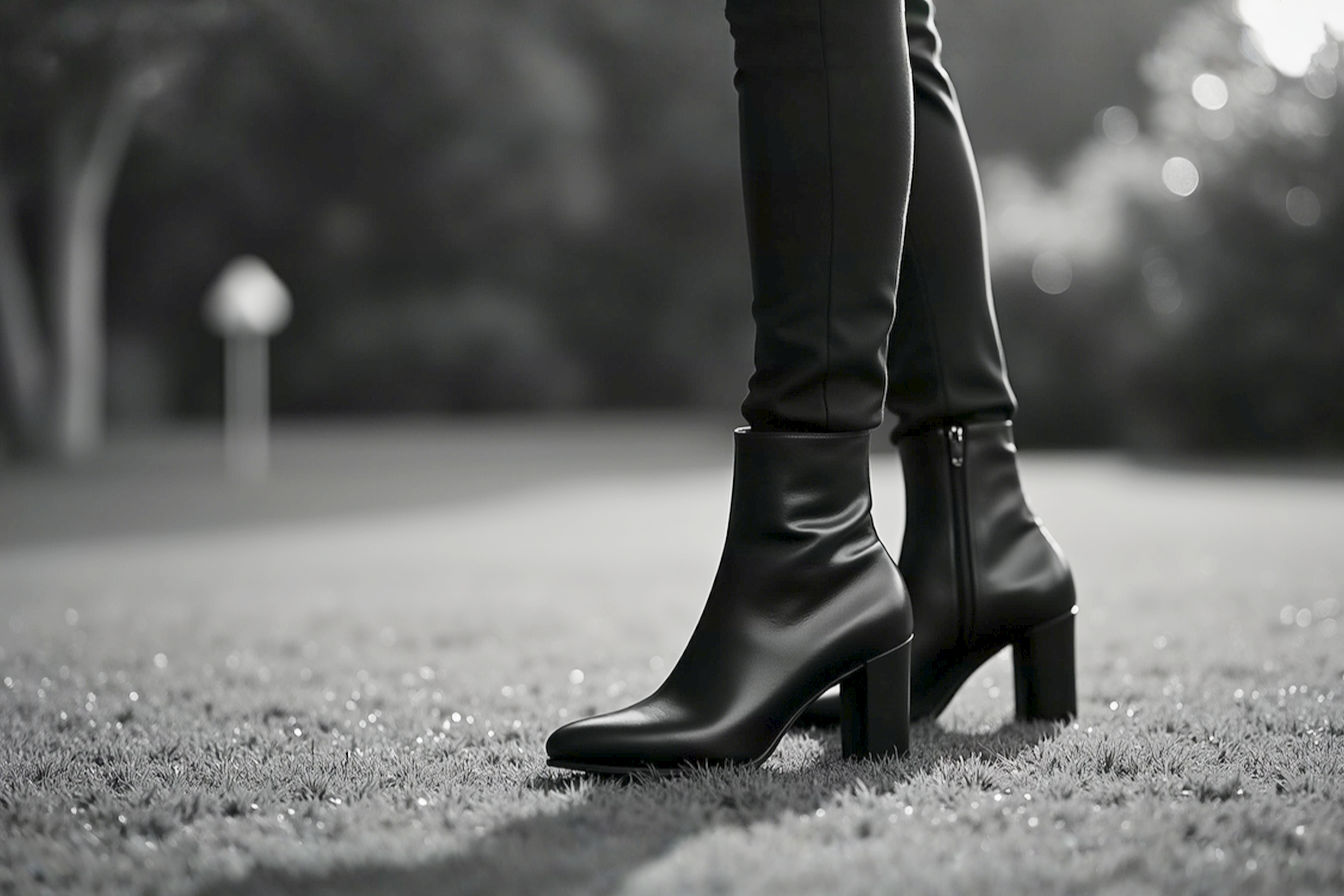 Professional photography style image showing a person wearing sleek black leather platform booties with tailored black trousers. The focus is on the boot's clean lines and refined silhouette against a neutral background, highlighting its elegant design.