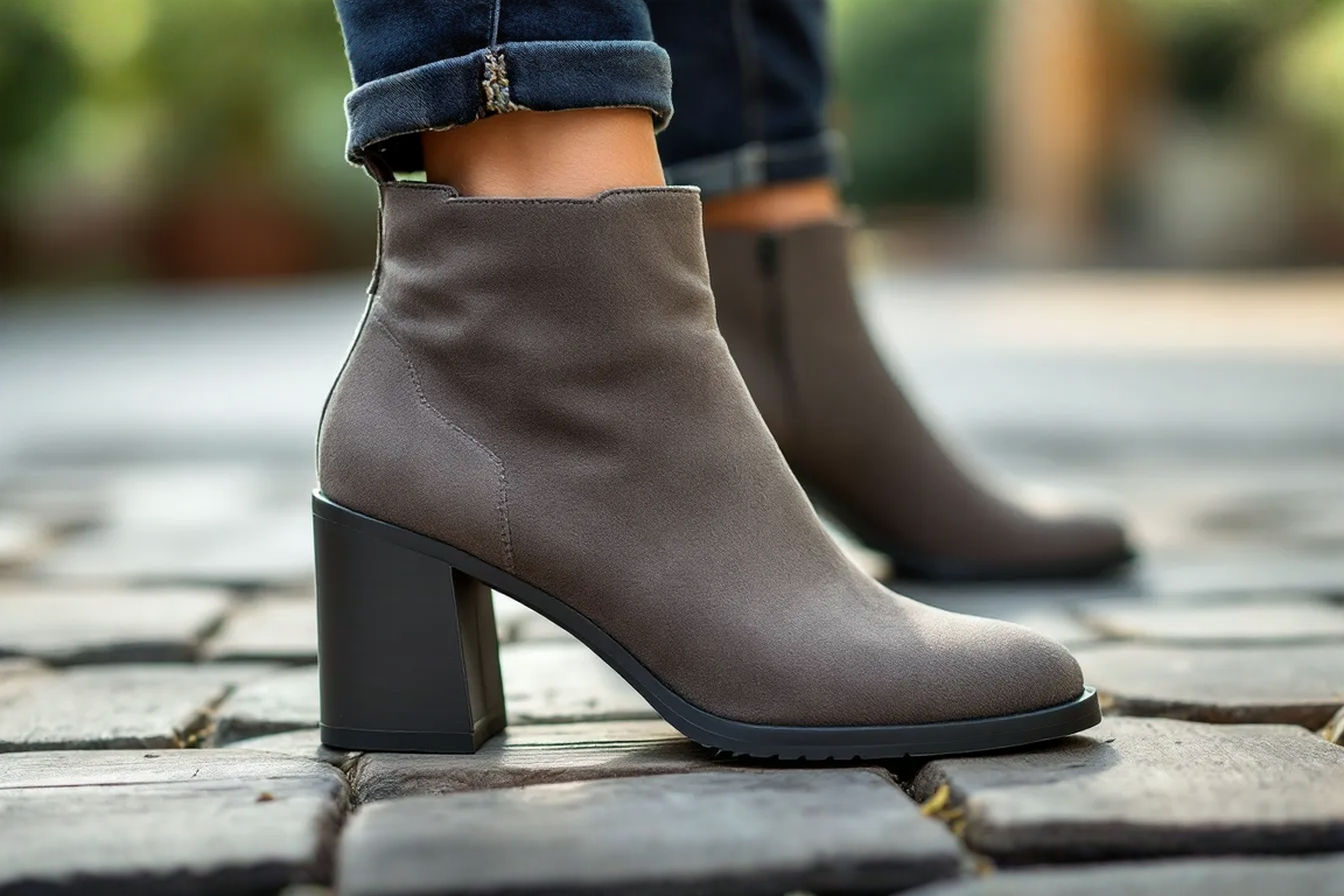 A close-up, low-angle professional photograph focusing on the lower part of a stylish women's block heel boot. The boot is made of textured leather or suede in a neutral tone like taupe or charcoal. The camera angle highlights the wide, stable block heel and the durable-looking tread pattern on the sole. The background is softly blurred, suggesting a natural outdoor environment like a cobblestone path or wooden deck, but the focus remains sharply on the boot's construction details related to stability. Lighting is natural and soft, emphasizing the quality of materials and design.