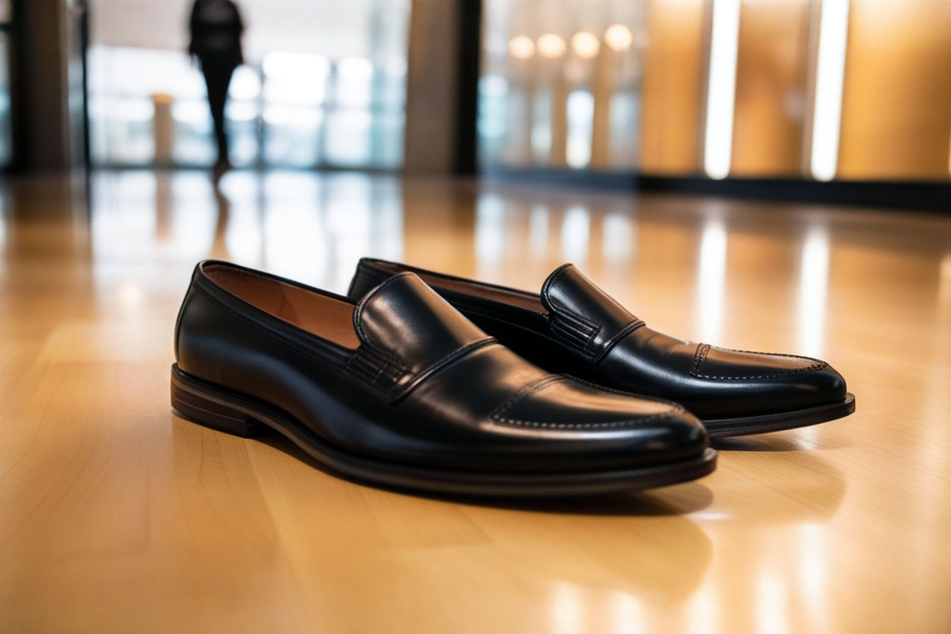 A pair of sleek black leather penny loafers are positioned neatly on a polished wooden floor in a modern office lobby. The background is slightly blurred, showing a well-dressed person walking in the distance, hinting at a professional environment. The lighting is bright and natural, highlighting the texture and polish of the shoes. The image has a professional photography style, clean and sharp.
