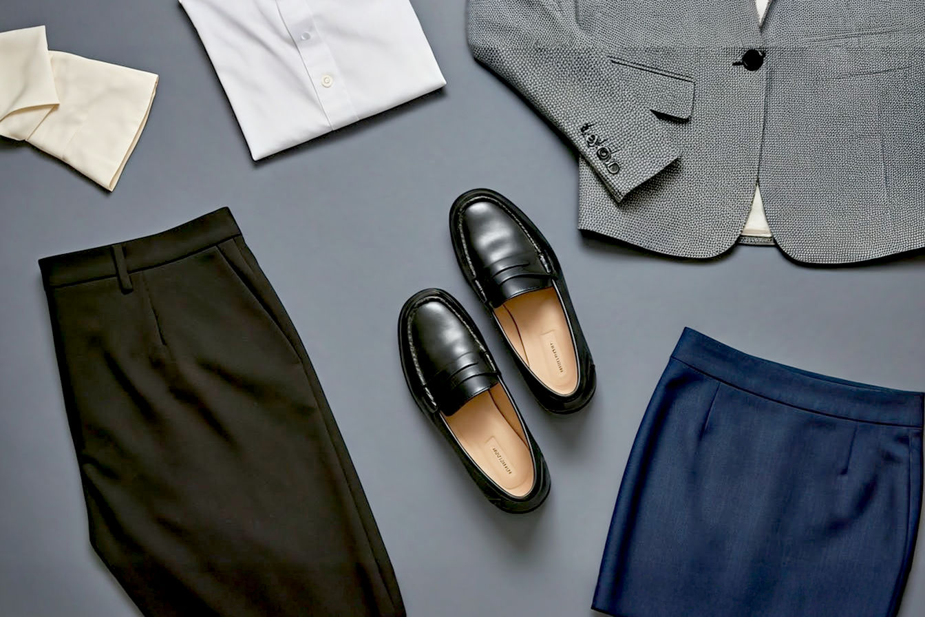 Professional overhead photograph of a pair of classic black leather women's penny loafers surrounded by a curated selection of versatile women's workwear items including tailored black trousers, a white button-down shirt, a grey blazer, a navy pencil skirt, and a cream silk blouse, arranged neatly on a neutral background. The lighting is soft and even, highlighting the textures and colors of the clothing and shoes.