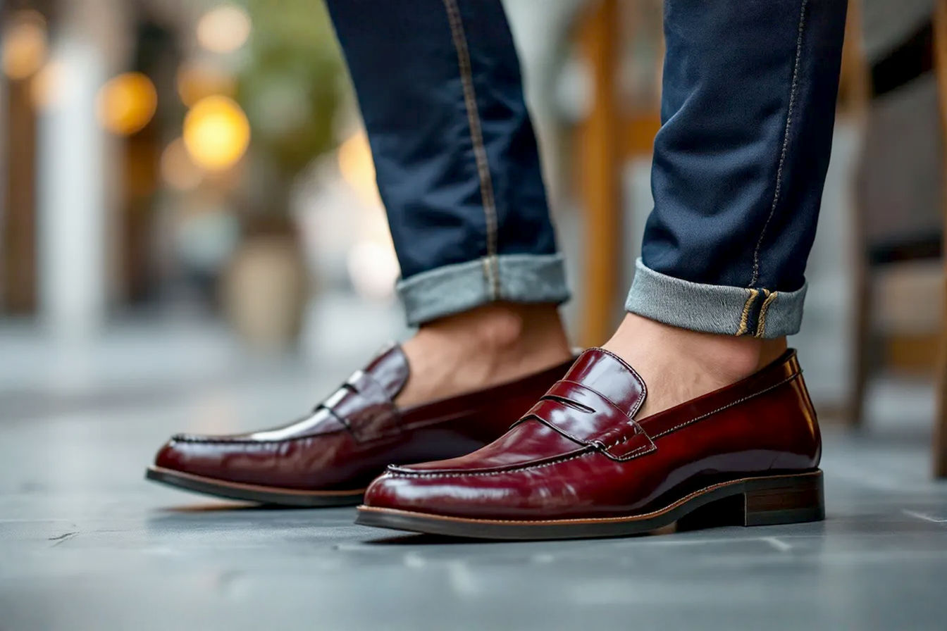 A stylish man wearing dark wash jeans and a navy blazer, standing with one foot slightly forward, showcasing a pair of polished burgundy leather penny loafers. The background is a slightly blurred urban street scene or a tastefully decorated room, suggesting a smart casual setting. Professional photography style with good lighting highlighting the texture and color of the loafers.