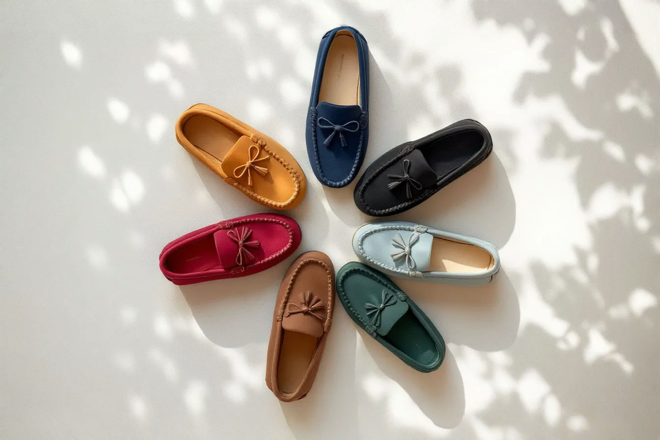 Overhead flat-lay arrangement of six distinct women's moccasin styles in complementary neutral colors (tan, navy, burgundy, black, forest green, and camel) arranged in a circular pattern on a light textured background. The shoes display various design elements discussed in the article: driving nubs, tassels, orthopedic footbeds, weather-resistant finishes, and unique embellishments. Natural light creates subtle shadows that highlight the texture of leather and suede materials.