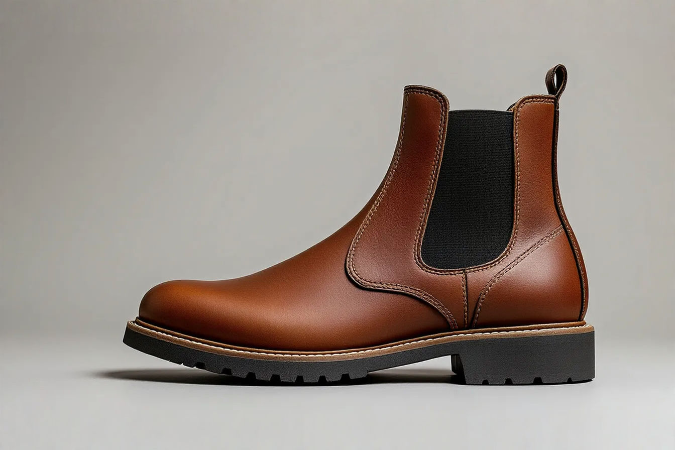 A professional product photography style image showing a side profile of a sleek brown leather Chelsea work boot on a neutral gray background. The boot should feature subtle safety elements like a low-profile composite toe and slip-resistant sole, but maintain the classic Chelsea silhouette with elastic side panels and a pull tab. The lighting should be soft with slight highlighting to emphasize the quality leather finish and craftsmanship details.