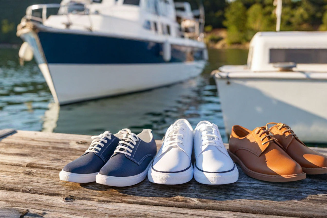 A lifestyle product photography image featuring three pairs of women's deck shoes arranged artistically on a wooden dock with a sailing boat visible in the background. The collection includes a classic tan leather boat shoe with white contrast stitching, a navy blue canvas deck shoe with colorful accents, and a modern technical sailing shoe in light blue with mesh panels. The lighting is warm late-afternoon sunlight, creating a golden glow that highlights the quality materials and craftsmanship of each shoe while suggesting an upscale nautical lifestyle.