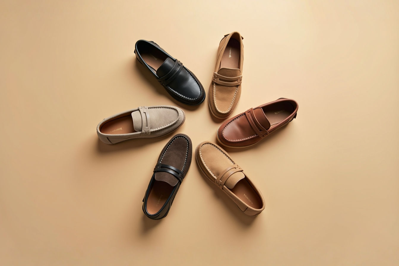 A professional flat-lay photograph showcasing all five featured women's driving shoes arranged in a circular pattern on a neutral beige background. The image highlights the distinctive rubber-nubbed soles and varied materials (leather, suede, and sustainable fabrics) in complementary colors, with natural lighting emphasizing texture and craftsmanship details.