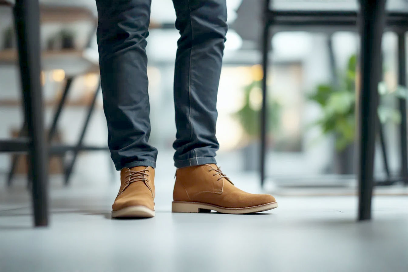 A high-quality, professional photograph showing a tech professional (possibly sitting at a modern workspace or walking through a contemporary office) wearing dark wash jeans or chinos and a clean button-down shirt, paired with a classic pair of brown or tan suede chukka boots. The focus is on the boots and their integration into the modern tech work environment, conveying a sense of relaxed professionalism and contemporary style.