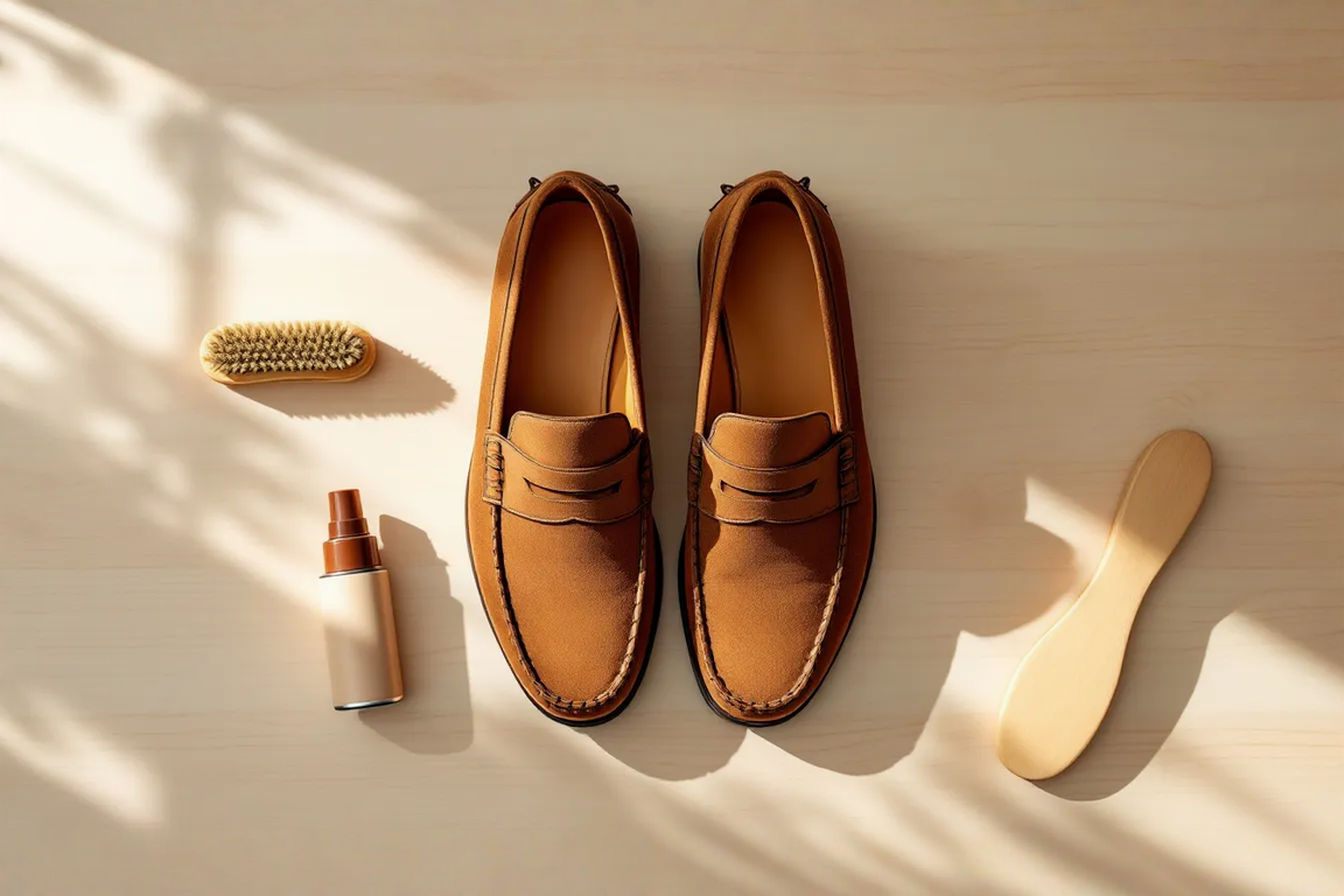 A top-down professional photograph of a pair of tobacco brown suede driving loafers positioned at a 45-degree angle on a light wooden surface. A suede brush, protective spray can, and shoe tree are artfully arranged nearby, with soft natural lighting creating subtle shadows that highlight the texture of the suede. The image should convey luxury, craftsmanship and careful maintenance.