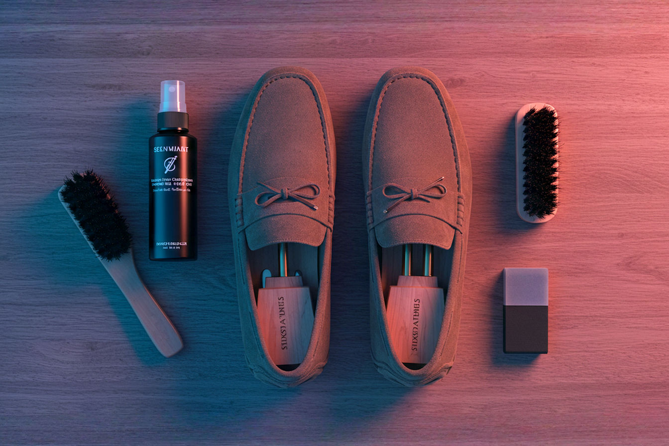 Professional overhead photograph of well-maintained tan suede driving loafers positioned next to essential care products including a suede brush, protector spray, and suede eraser. The shoes rest on a natural wooden surface with soft, natural lighting highlighting the rich texture of the suede. A cedar shoe tree is partially visible inside one loafer.
