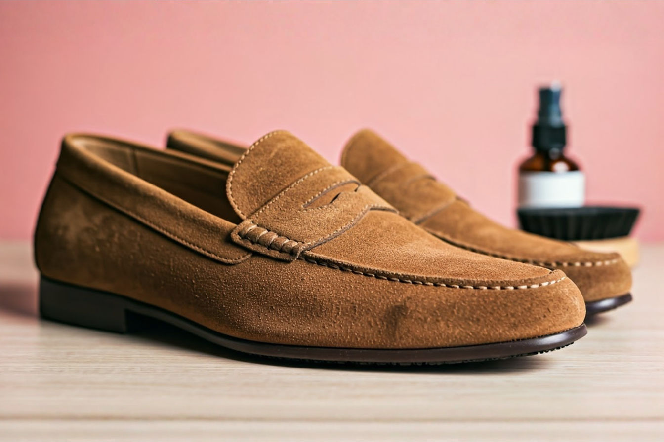 A high-angle, close-up professional photograph showing a pair of clean, well-maintained brown suede loafers on a light wooden surface. A suede brush and a small bottle of protector spray are visible in the background, slightly out of focus. The lighting is soft and highlights the texture of the suede nap.