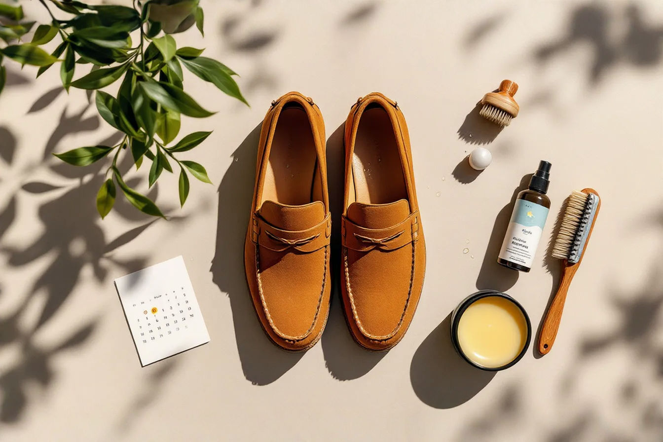 A professionally styled flat-lay featuring a pair of rich caramel suede loafers positioned centrally on a neutral background. Around the shoes, weather-proofing products are artfully arranged – including a premium suede spray, brushes, and protective wax. Small water droplets bead on one treated side of a loafer while a small seasonal weather calendar graphic sits in the corner, emphasizing the year-round wearability theme. Lighting is bright and clean with soft shadows, creating a sophisticated, editorial aesthetic.