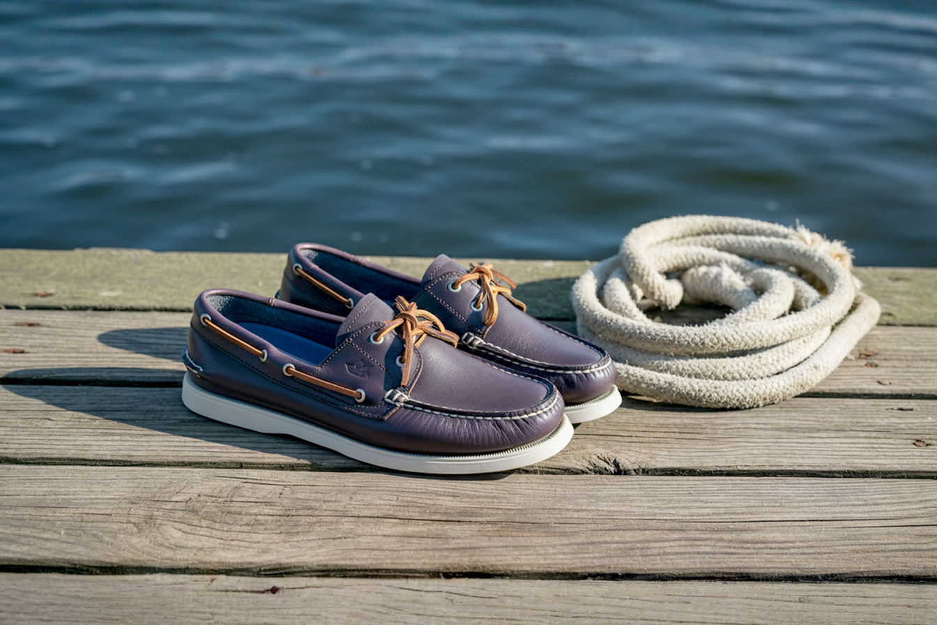 A professionally styled flat-lay photograph featuring a premium leather boat shoe with visible orthopedic features (cushioned footbed and arch support visible) placed on a weathered wooden dock surface. A coiled nautical rope and water in the background suggest a maritime environment. The lighting is warm and natural, highlighting the quality materials and craftsmanship of the supportive boat shoe.