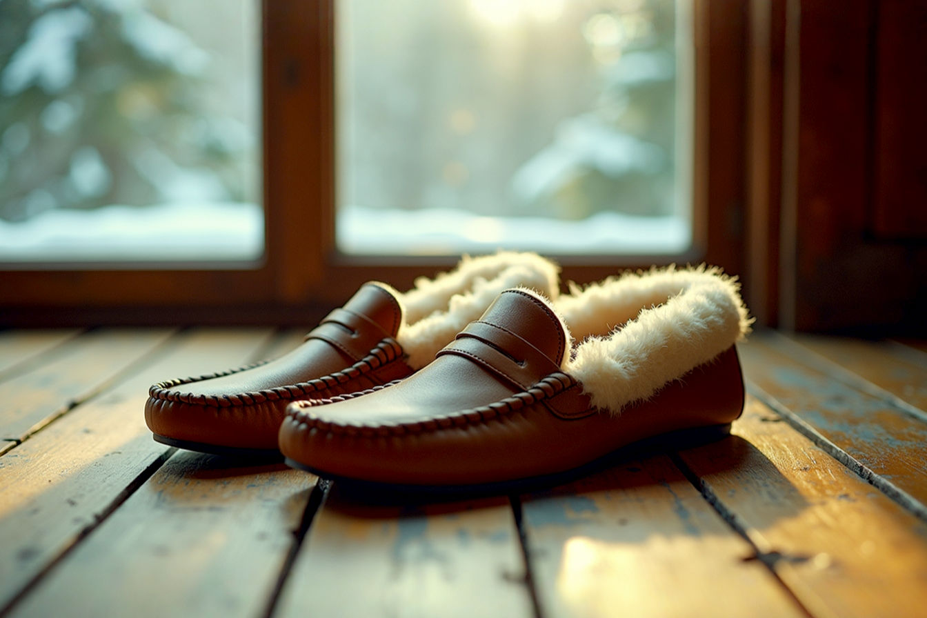 A close-up professional photograph of premium men's leather moccasin slippers with visible sheepskin lining partially folded over the edges. The slippers rest on a rustic wooden floor with a window visible in the background showing both snowy winter landscape and summer greenery split-screen, symbolizing their year-round usability. The lighting is warm and inviting, highlighting the rich texture of the leather and the soft, plush interior. The composition emphasizes comfort, quality craftsmanship, and versatility across seasons.