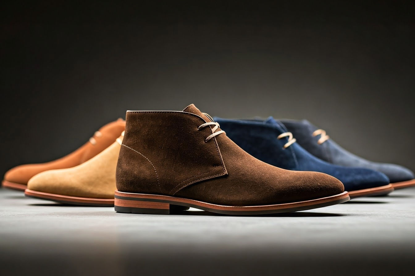 A high-contrast professional photograph of three pairs of suede chukka boots arranged in a row against a neutral background. The central pair features dark brown suede chukkas in perfect condition, with subtle lighting highlighting the rich texture of the suede. The boots are positioned at a 45-degree angle to showcase both the profile and front details, with one boot slightly forward to create depth. The image has a shallow depth of field with the dark brown pair in perfect focus while the other colors (tan and navy) appear slightly blurred in the background.