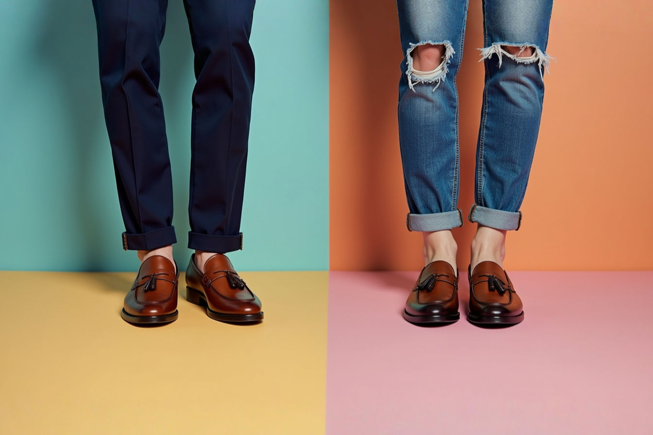 Professional product photography of two tassel loafers positioned at contrasting angles on a minimalist background with subtle shadow. One loafer styled traditionally with dress pants visible above, while the second is paired unexpectedly with distressed denim and no socks, visually demonstrating the transformation from conservative to fashion statement in a single split image.