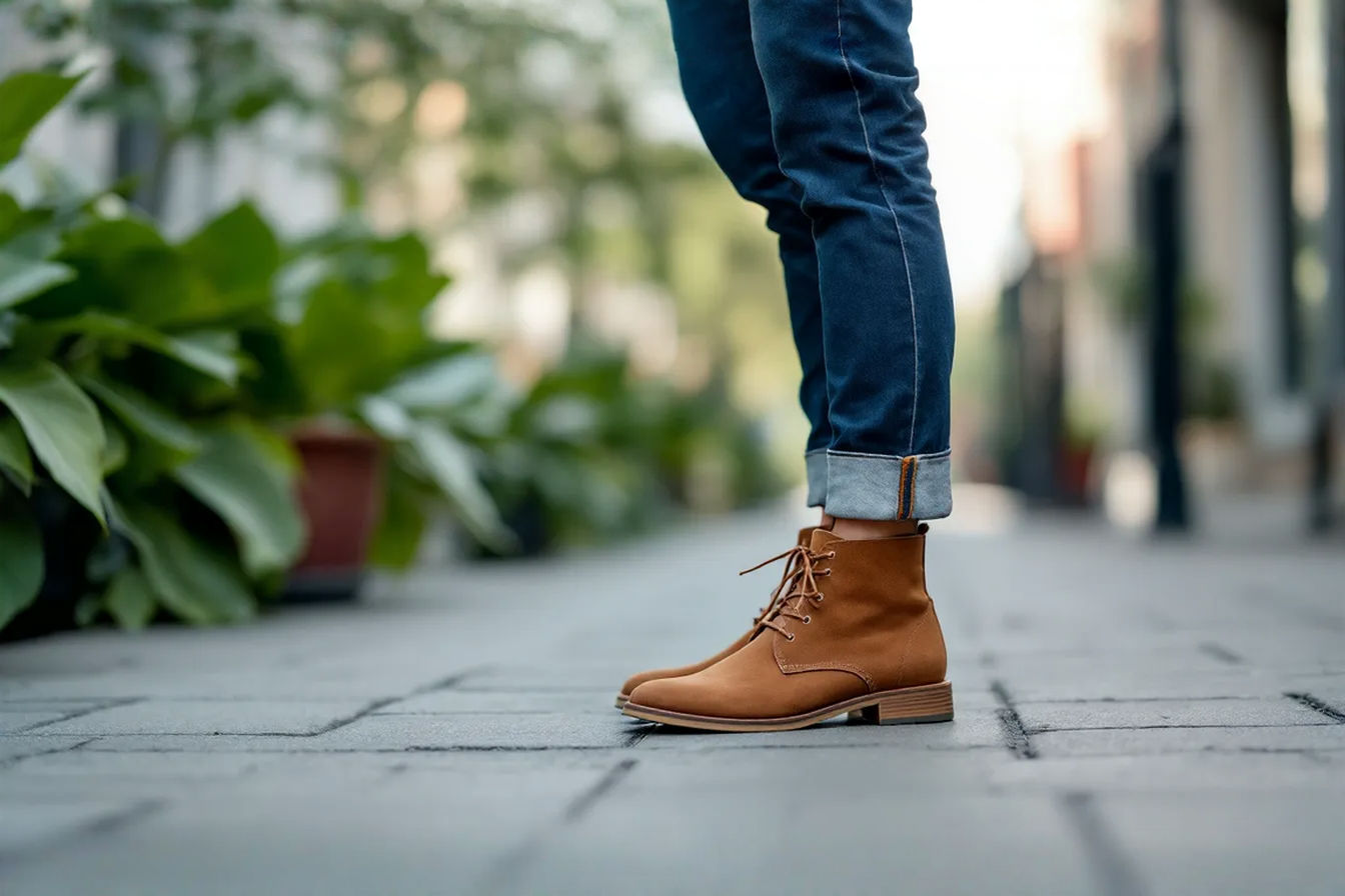 A stylish woman, wearing dark wash straight-leg jeans with a single cuff and classic brown suede chukka boots. She is standing on a textured urban sidewalk. The focus is sharp on the boots and the interaction with the jean hem. The overall tone is natural and aspirational casual.