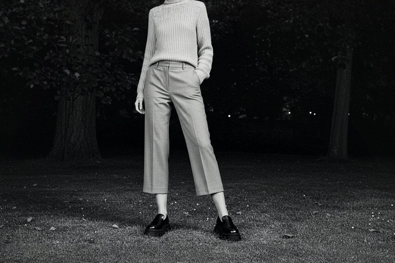 A stylish woman standing outdoors, wearing chunky black leather loafers with a visible lug sole. She is dressed in a versatile outfit that could suit multiple seasons (e.g., cropped tailored trousers and a chic knit sweater or a midi dress with a light jacket draped over her shoulders). The image should be in a professional photography style, focusing on the shoes and the outfit's overall aesthetic in a natural setting that doesn't immediately scream a specific season.