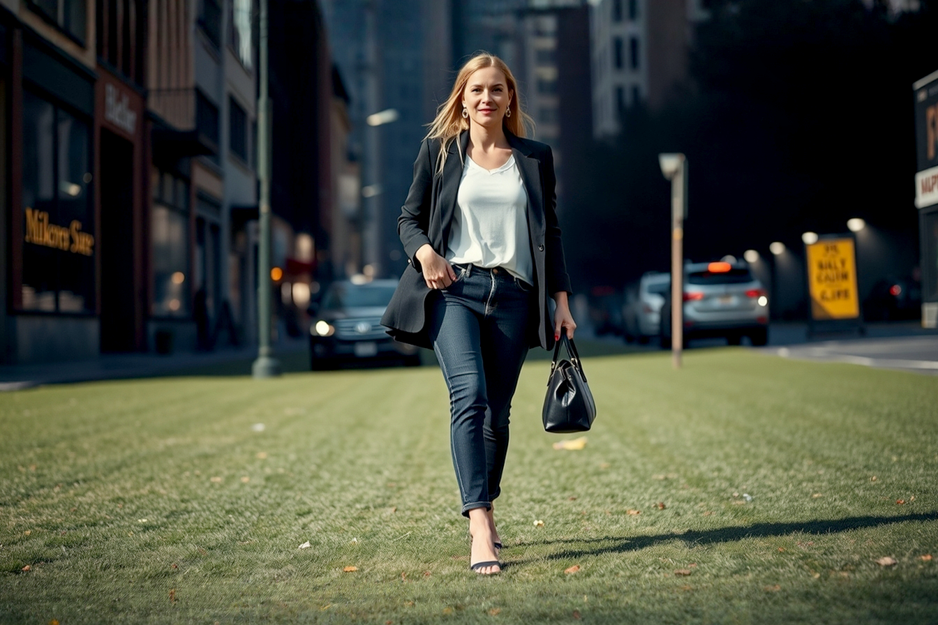 A full-length, professional fashion photograph of a stylish woman in her early 30s, walking down a chic, slightly out-of-focus city street (like SoHo, New York). She is the central focus, shot from a low angle to emphasize her footwear. She is wearing impeccably tailored, dark-wash straight-leg jeans that are slightly cropped at the ankle, a crisp white t-shirt, and a classic, slightly oversized black blazer draped over her shoulders. The star of the outfit is a pair of elegant black leather open-toe kitten heels, which are in sharp focus. Her pedicure is a classic, glossy red. She is carrying a structured black leather tote bag in the crook of her arm. Her expression is confident and relaxed. The lighting is bright and natural, like a sunny afternoon. The overall aesthetic is modern, chic, and effortlessly sophisticated.