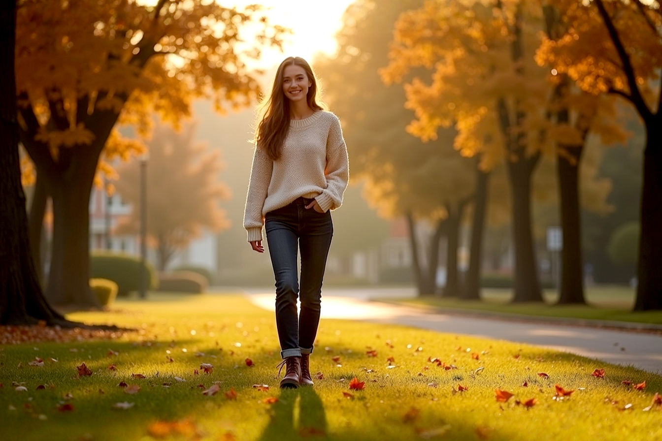 a lifelike, pro-photography style, full-body shot of a stylish woman in her late 20s walking down a charming, slightly blurred city street in autumn. She should be looking slightly off-camera with a confident, natural smile. The lighting should be warm and golden, as if it's late afternoon. Her outfit should be the focus: she's wearing well-fitting, straight-leg dark wash jeans with a slight cuff at the ankle, a cozy, slightly oversized cream-colored chunky knit sweater with a partial front tuck, and classic, polished brown leather derby boots that are clearly visible. The overall mood should be effortlessly chic, warm, and aspirational. Use a shallow depth of field to keep the focus sharp on her and the texture of her outfit, while the background has a soft, pleasing bokeh effect. The shot should feel like a high-end fashion magazine editorial.