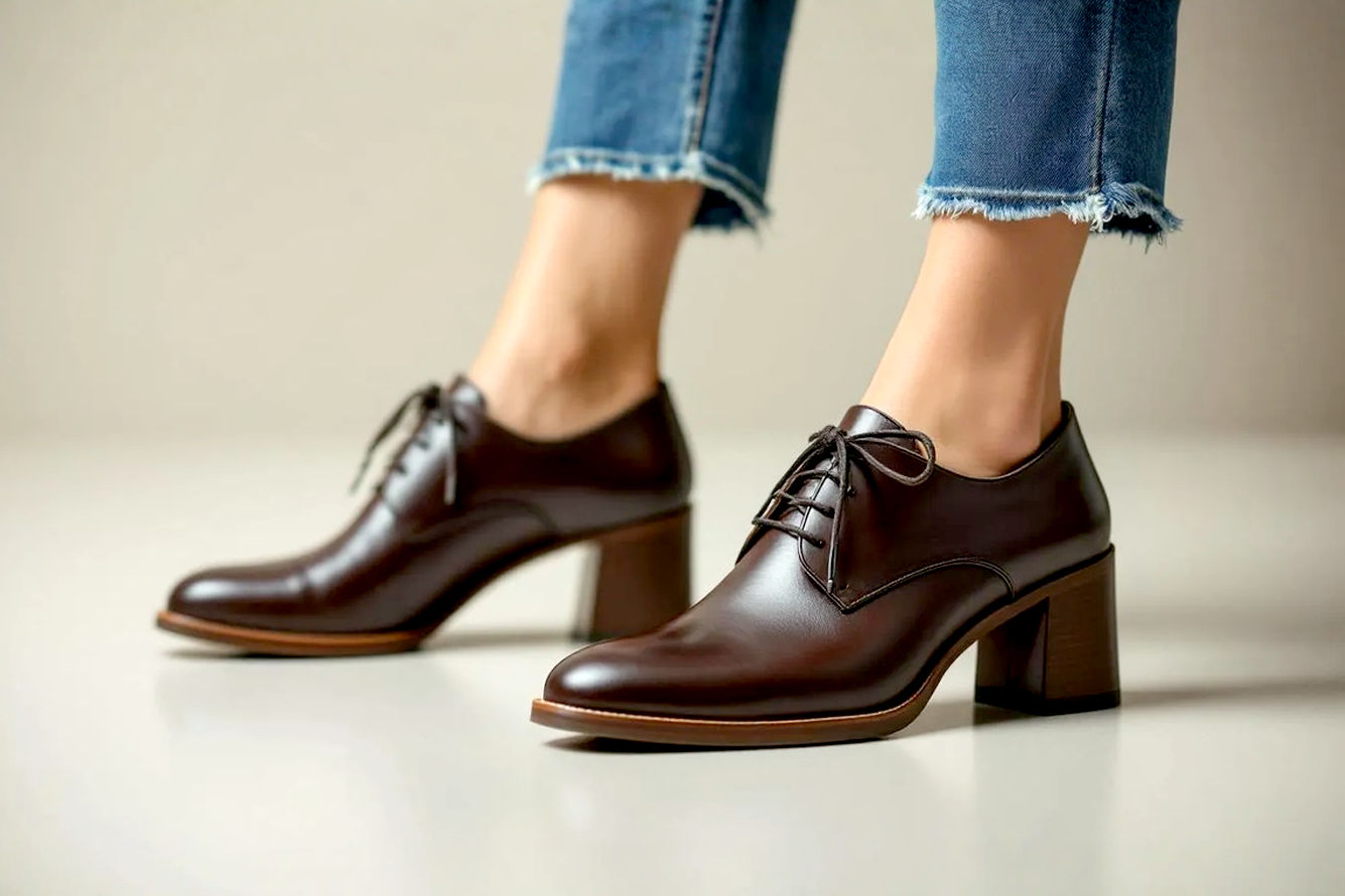 Professional studio photography of a stylish woman wearing a pair of elegant yet visibly comfortable dark brown heeled oxford shoes. The shoes should be the main focus, showcasing their sleek design, moderate block heel, and soft leather texture. The woman is standing on a neutral, clean background, perhaps a polished wooden floor, with a slight blur to her figure, emphasizing the footwear. The lighting is soft and flattering, highlighting the shoe's contours. The overall mood is sophisticated and comfortable, suggesting ease of movement. Include subtle details like well-defined stitching and rounded toe box for comfort.