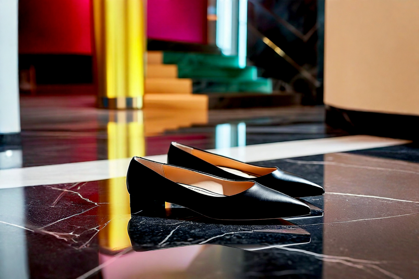 A hyper-realistic, luxury lifestyle photograph. Focus on a pair of sophisticated women's black formal shoes with flat heels.