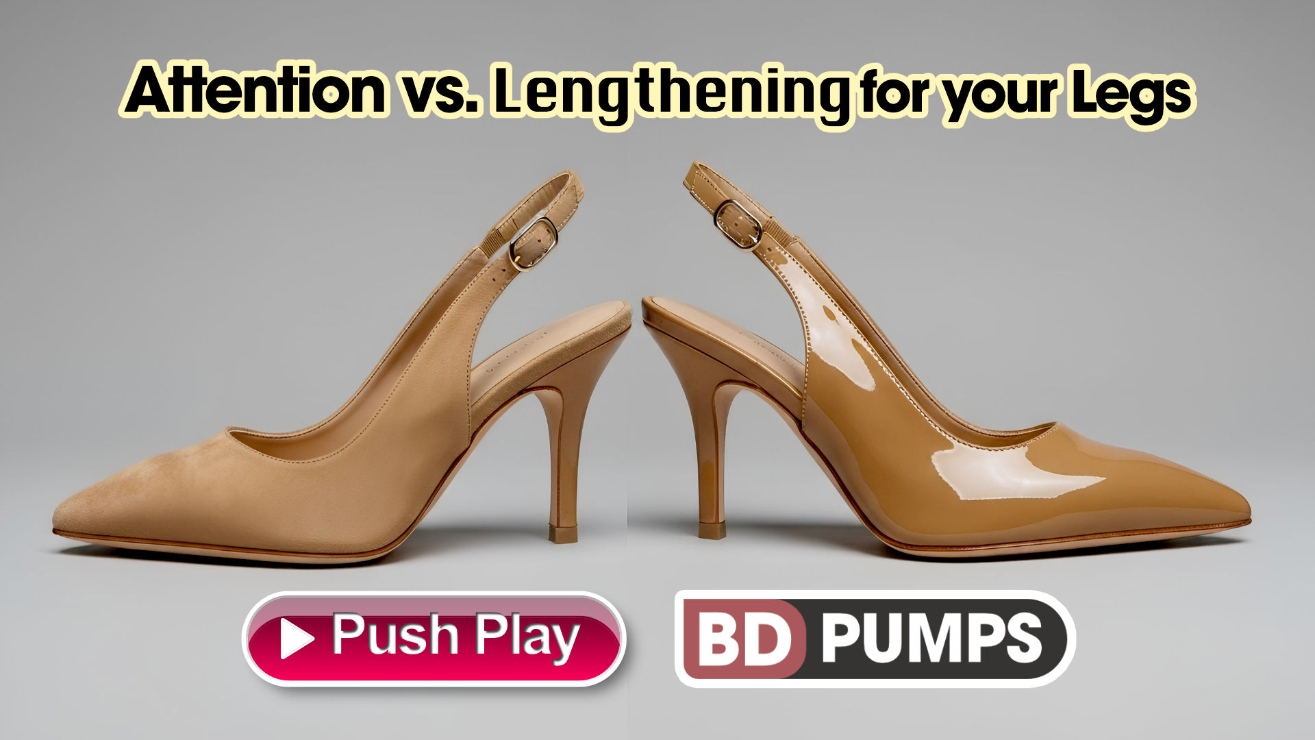A dramatic and clean side-by-side comparison shot. The image features two identical slingback heels of the exact same tan color. The shoe on the left is made of a soft, light-absorbing suede material, giving it a muted, matte appearance. The shoe on the right is made of a high-gloss patent leather, making it extremely reflective and shiny. The shoes are positioned against a simple, neutral grey background, with lighting carefully arranged to highlight the stark difference in texture and light reflection between the two finishes. Character/Subject: Focus is entirely on the two shoes. No people are in the shot. Emotion/Mood: Informative, contrasting, chic, and educational. The mood is one of "revealing a secret." Palette: A simple, controlled palette. The background is a solid, medium grey. The only color comes from the identical tan of the two shoes, allowing the texture and finish to be the hero of the image. Visual Style: High-end, minimalist product photography. Extremely sharp focus, with professional lighting designed to make the suede look soft and the patent look glassy and reflective. It should look like a page from a luxury magazine.