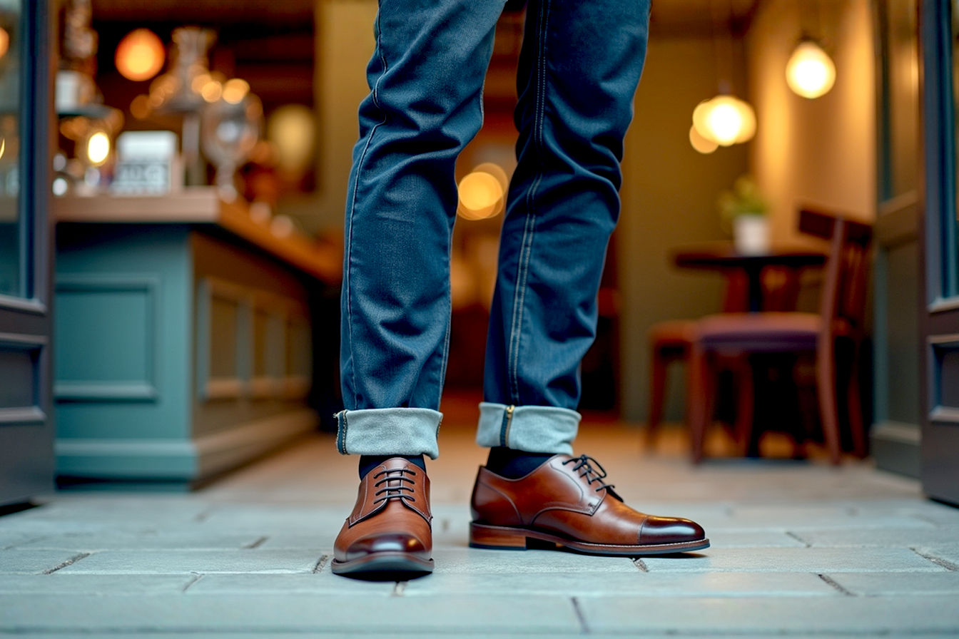 A professional, lifelike photograph of a stylish man from the waist down, showcasing a perfectly paired outfit of dark indigo, slim-fit jeans with a subtle single cuff, and a pair of rich brown leather cap-toe Derby shoes with a sleek sole. The setting is subtly urban, perhaps a well-lit street or a stylish cafe interior, with a soft-focus background that highlights the outfit. The lighting is natural and sophisticated, capturing the texture of the denim and the polished gleam of the leather. The overall mood is confident and refined.