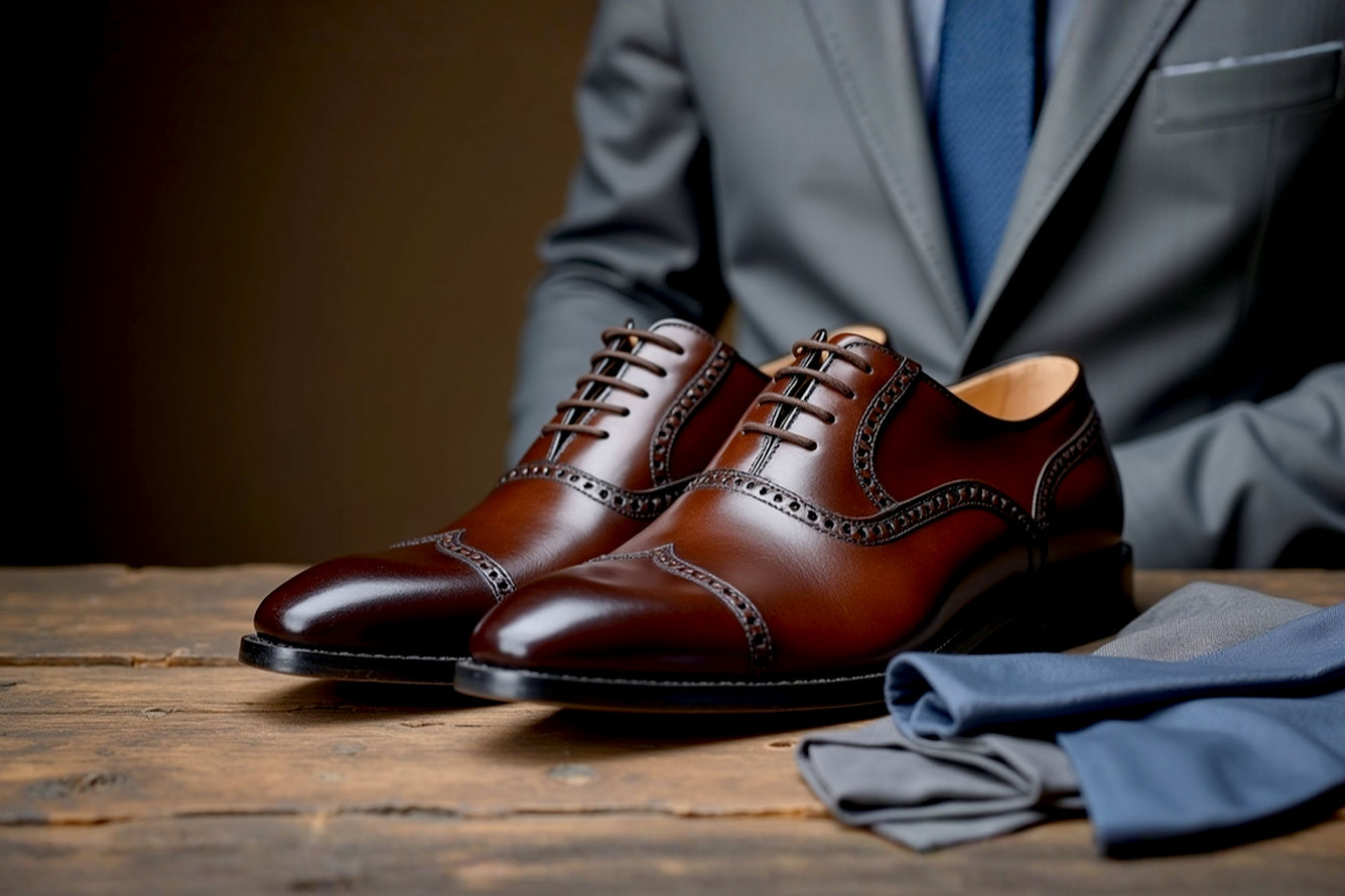 A professional, lifelike, high-resolution photograph capturing a classic pair of dark brown plain-toe or cap-toe leather Derby shoes, meticulously polished to a soft sheen, resting on a rustic wooden surface next to a finely tailored grey suit jacket and a subtle, rich blue tie. The lighting should be soft and natural, emphasizing the texture of the leather and the craftsmanship of the stitching, with a shallow depth of field that keeps the shoes sharply in focus while the background elements are gently blurred. The image should evoke a sense of timeless elegance, craftsmanship, and versatile style, suitable for a beginner's guide to classic men's footwear.