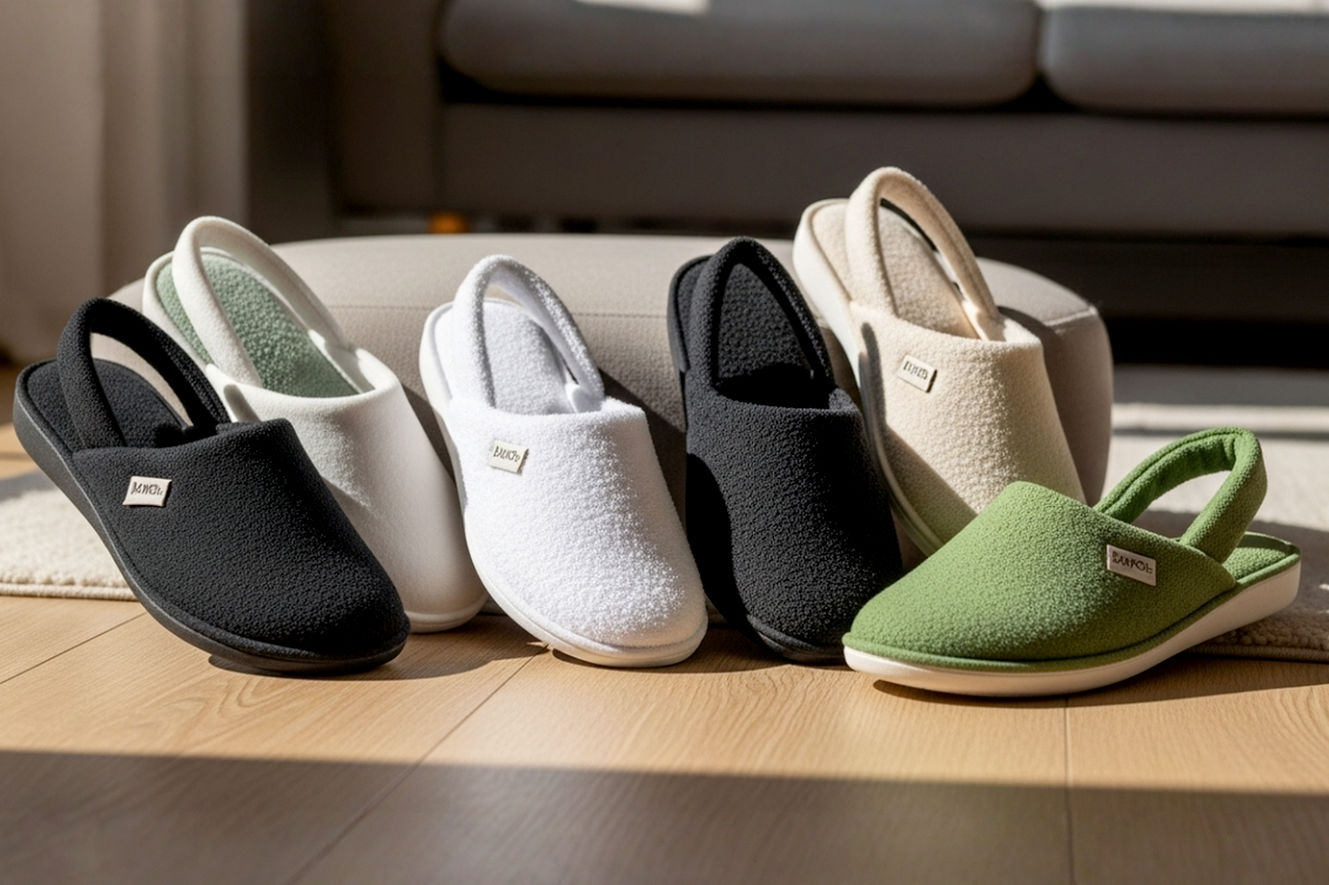 Professional photography style image of five diverse pairs of stylish slingback slippers, each representing a different material or design (e.g., plush memory foam, breathable terry cloth, supportive arch-support, durable indoor-outdoor, and eco-friendly texture), arranged artfully on a warm, inviting backdrop of a cozy living room floor (like a soft rug or light wood), with soft, natural lighting. The focus is on the textures and comfort, conveying a sense of ultimate relaxation and home comfort. Lifelike, high-resolution, aspirational. No people in the image.