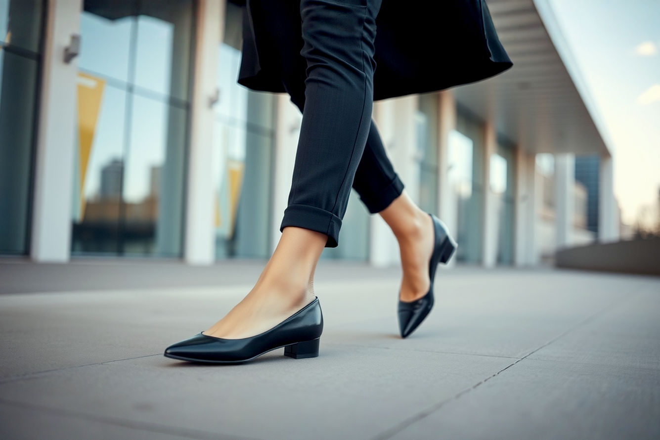 Professional photography style image featuring a woman (around 30s-40s) walking confidently in an urban setting, wearing stylish black dress flats. Her outfit is chic but versatile (e.g., tailored trousers and a classic blouse or a simple yet elegant midi dress), showcasing the flats' ability to transition between professional and casual. The image should highlight the shoes clearly, emphasizing their sleek design and the comfortable stride of the woman. Soft natural lighting, subtle motion blur to convey movement, and a shallow depth of field to keep the focus on the woman and her footwear. Lifelike, high-resolution, vibrant colors, pro photography.