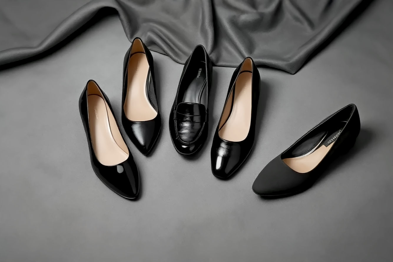 A high-quality, professional photography style image. Close-up shot focusing on a diverse collection of five distinct black formal flat shoes arranged elegantly on a neutral, soft-textured background (e.g., light grey marble, natural wood, or a subtle fabric). Each shoe style (classic ballet, pointed-toe, loafer, d'Orsay, slingback) should be clearly distinguishable, showcasing its unique silhouette and material texture (e.g., patent leather, smooth matte leather, subtle suede). The lighting should be soft and even, highlighting the contours and luxurious details of each shoe. No models or excessive props, just the shoes in an aspirational, clean setup. The overall mood should be sophisticated, timeless, and chic.